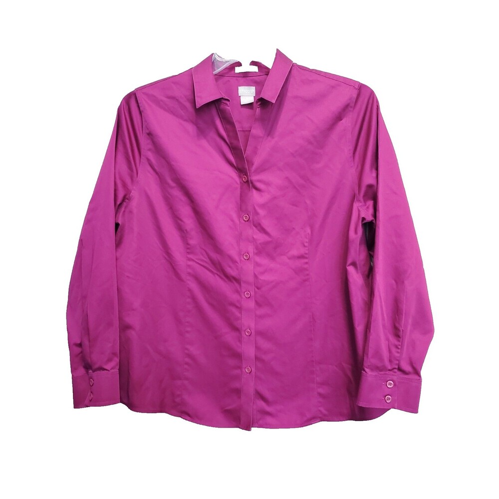 Chico's No Iron Sateen Cotton Caroline Long Sleeve Button-Up Top Size 2 Large